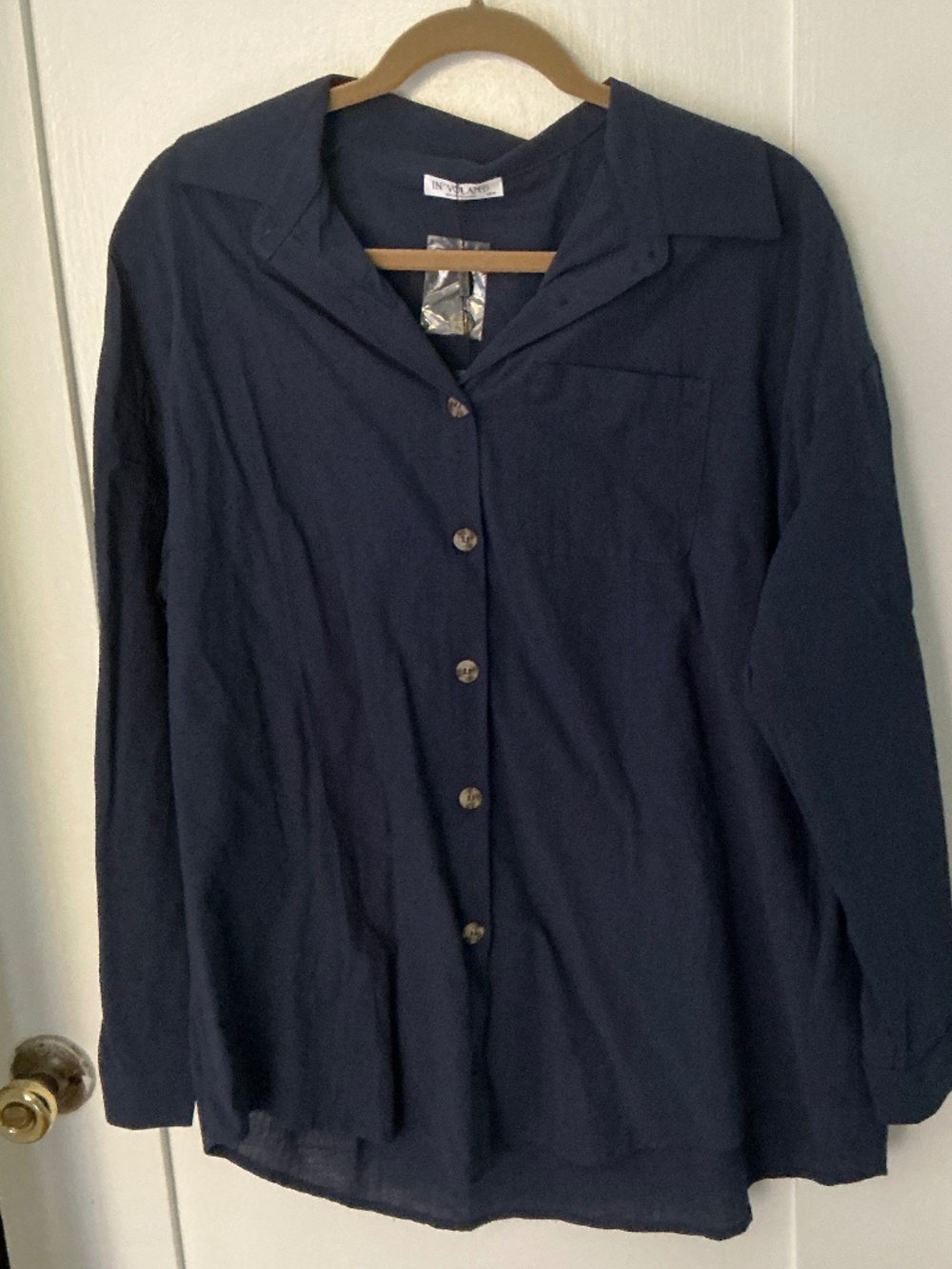 Women’s 16W Navy Blue Linen Blend Button Front Blouse Lightweight Top, NWT